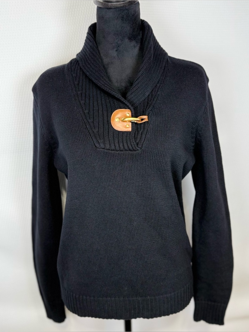 Lauren Ralph Lauren Toggle Sweater Women’s Medium Black Shawl Collar Cotton Knit